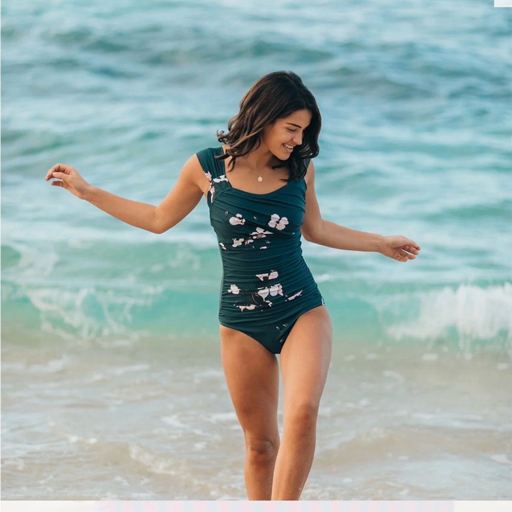 Albion Victoria Off the Shoulder Messina Green and Floral one piece swimsuit